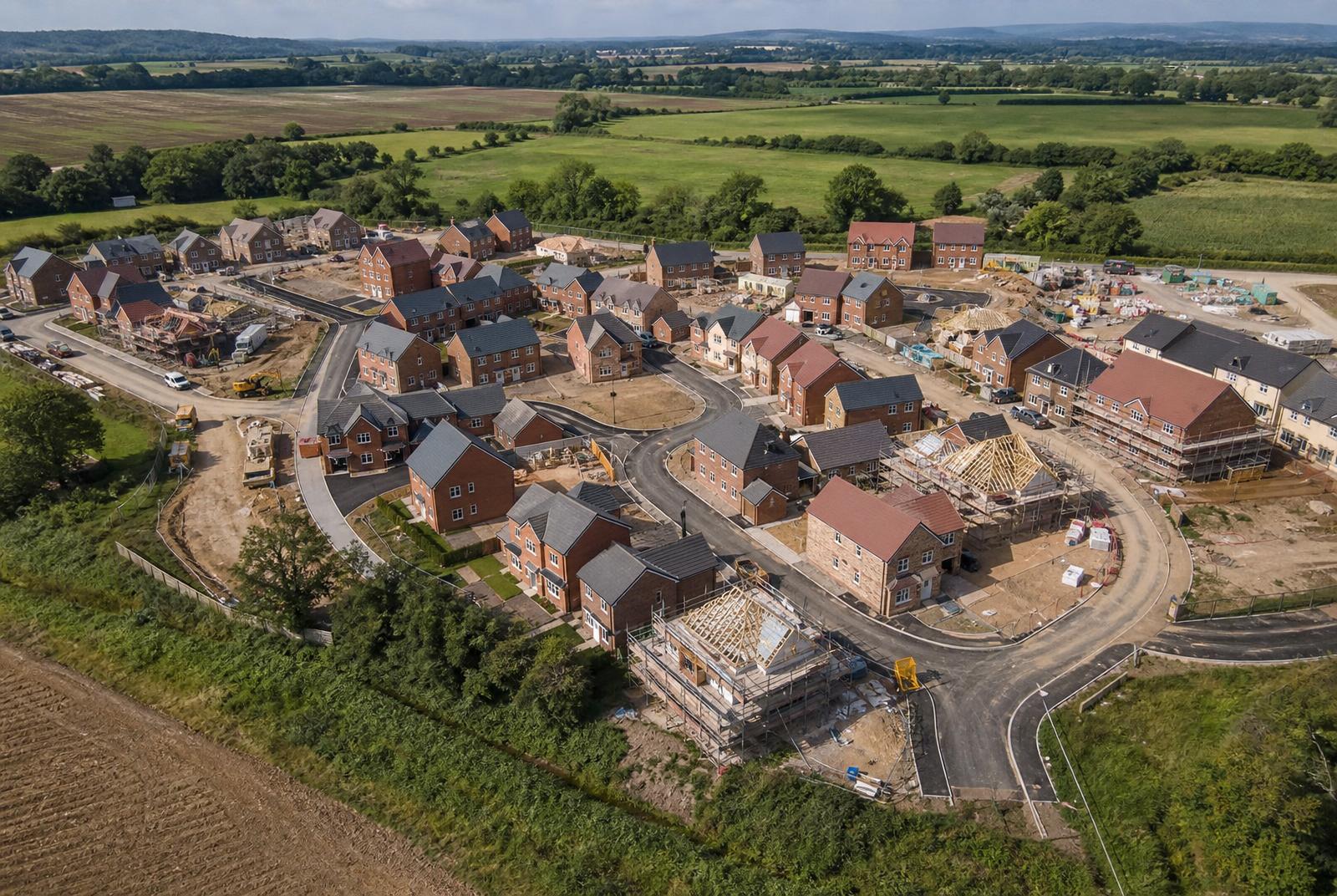 Aerial view of a medium-sized UK housing estate under construction