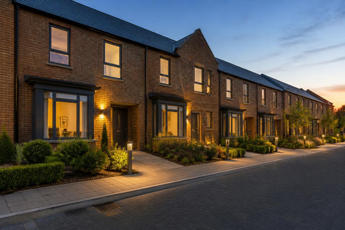Completed UK new-build residential terrace at dusk ready for refinance onto investment funding
