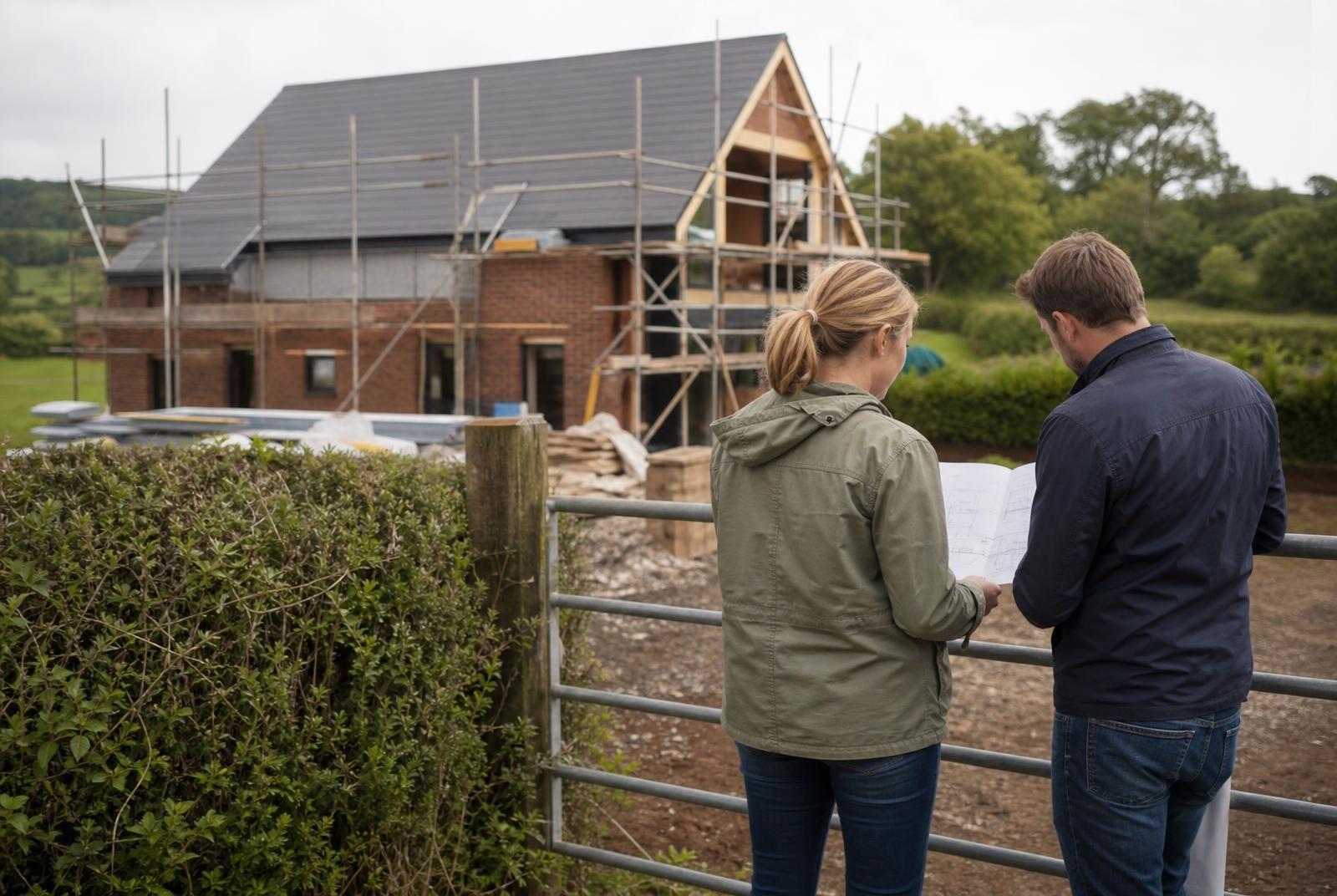 Self-build home under construction on a rural plot in the UK