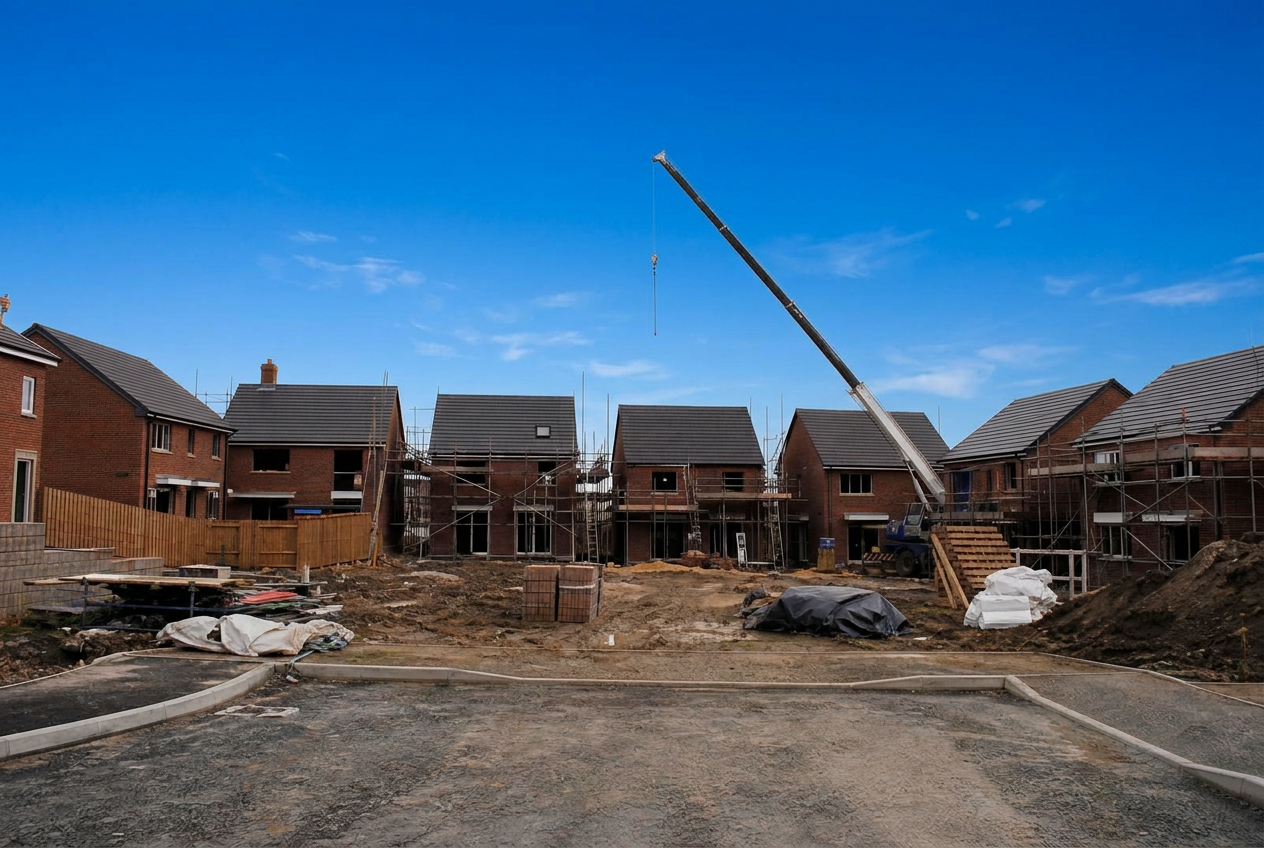 Small UK infill development of new brick townhouses nearing completion