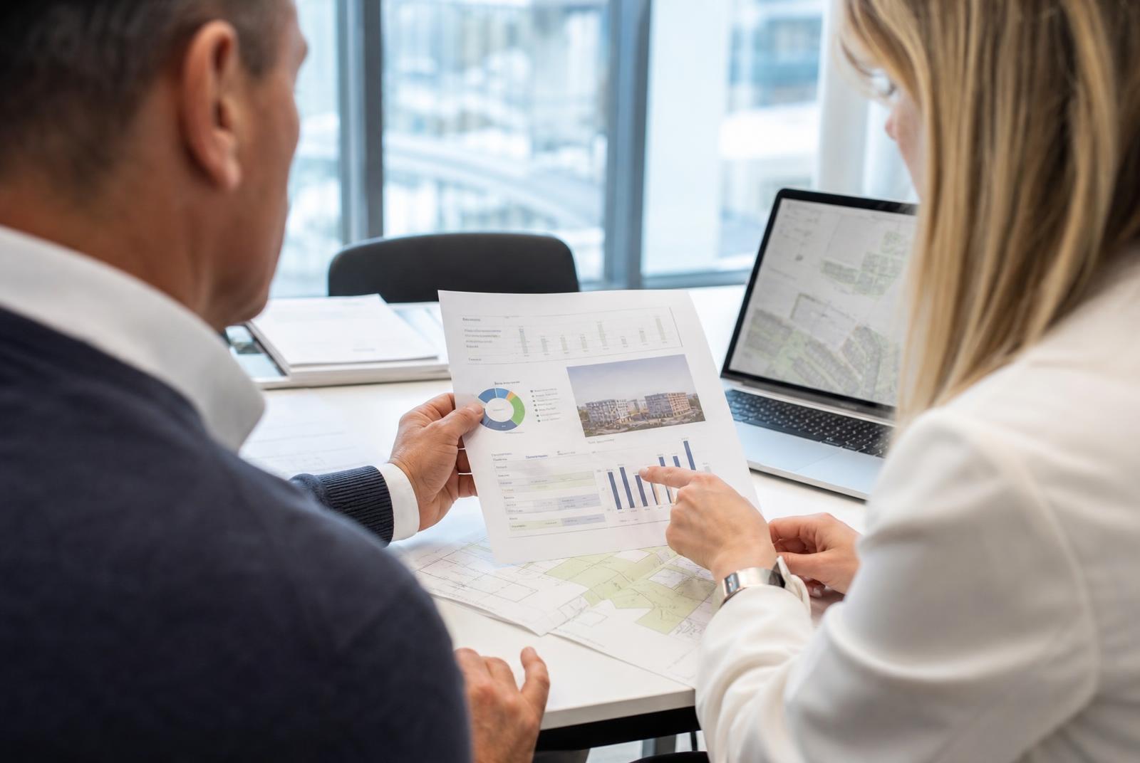 Property finance analysts and a developer reviewing a funder-ready development appraisal report