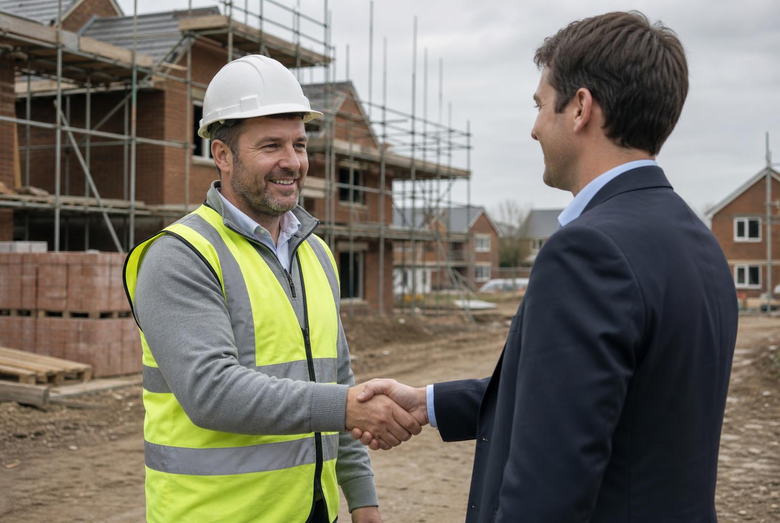 UK developer shaking hands with a development finance lender on site