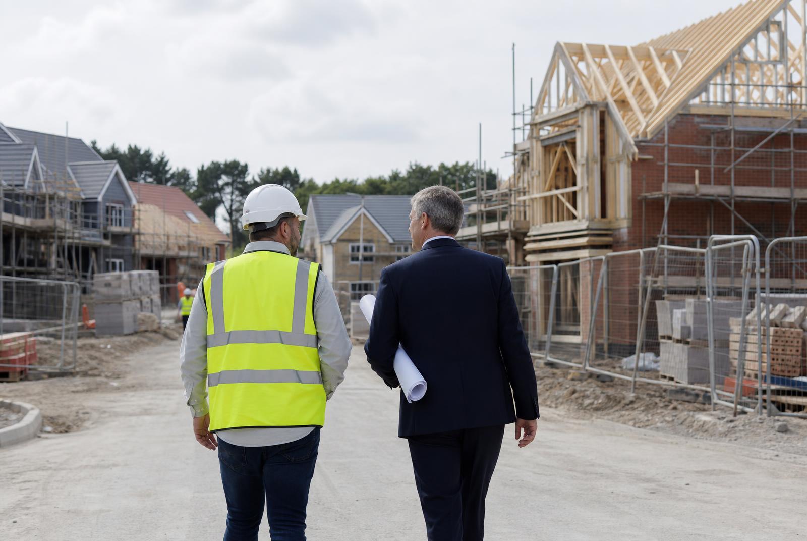 Development finance advisers walking a UK residential construction site with a developer